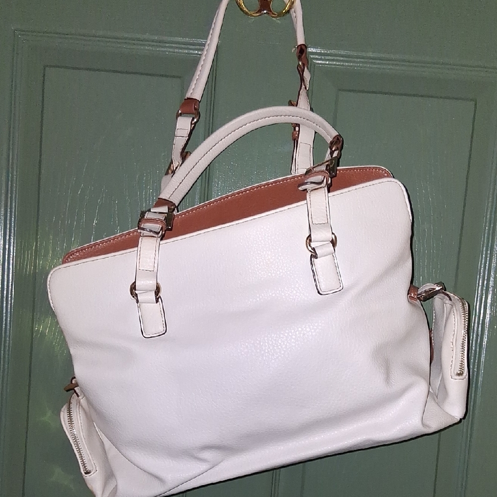 Elegant White and Tan Women's Handbag